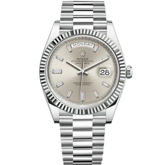Day-Date 40 40mm President Bracelet and 18 KT White Gold with Silver Diamond-Set Dial and Fluted Bezel