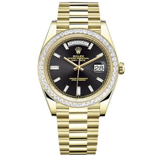 Day-Date 40 40mm President Bracelet and 18 KT Yellow Gold with Bright Black Diamond-Set Dial and Diamond-Set Bezel