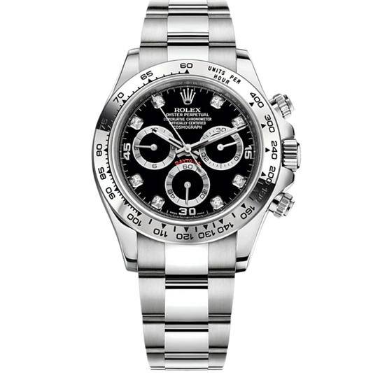 Cosmograph Daytona 40MM Oyster Bracelet Black Diamond-Set Dial 18 CT White Gold Bezel With Engraved Tachymetric Scale