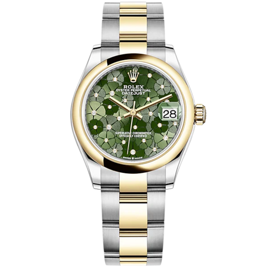 Datejust 31 31mm Oyster Bracelet Oystersteel and Yellow Gold with Olive-Green Floral-Motif Diamond Set Dial Yellow Gold Bezel