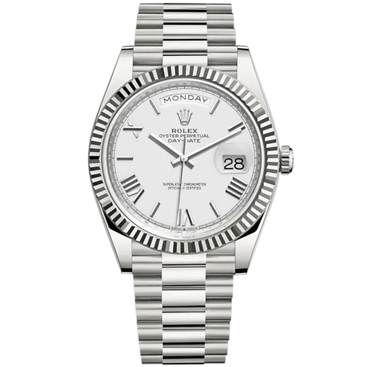 Day-Date 40 40mm President Bracelet and 18 KT White Gold with White Dial and Fluted Bezel