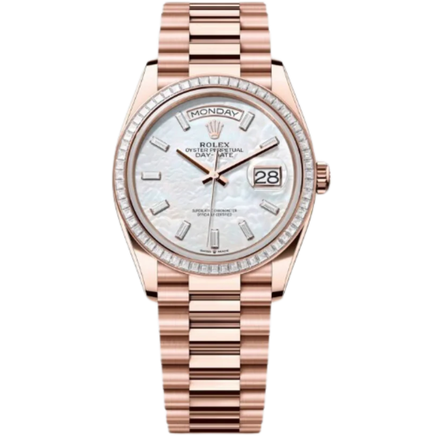 Rolex Day-Date Ref. 128395TBR 36MM Everose Gold Case Mother of Pearl Dial with Baguette Diamonds and Diamond Set Bezel