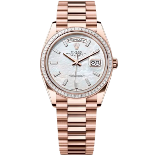 Rolex Day-Date Ref. 128395TBR 36MM Everose Gold Case Mother of Pearl Dial with Baguette Diamonds and Diamond Set Bezel