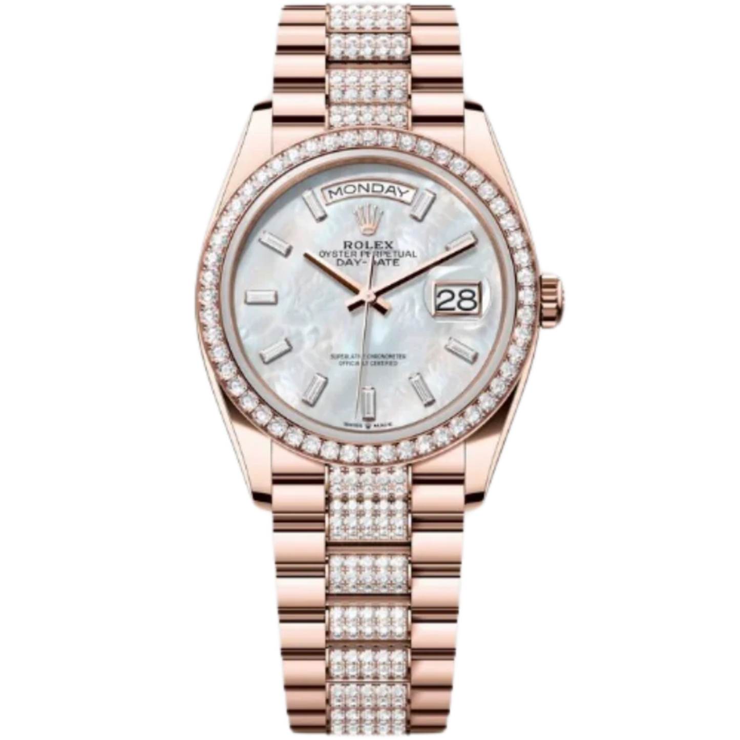 Rolex Day-Date Ref. 128345RBR 36MM Everose Gold Case Mother of Pearl Dial with Diamonds and Diamond Set Bezel and Links
