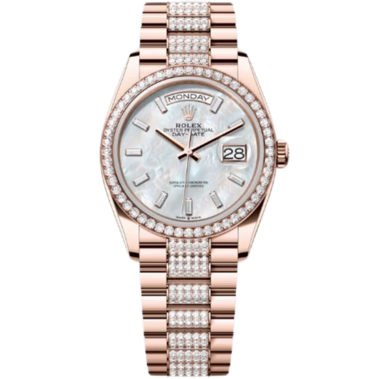 Rolex Day-Date Ref. 128345RBR 36MM Everose Gold Case Mother of Pearl Dial with Diamonds and Diamond Set Bezel and Links
