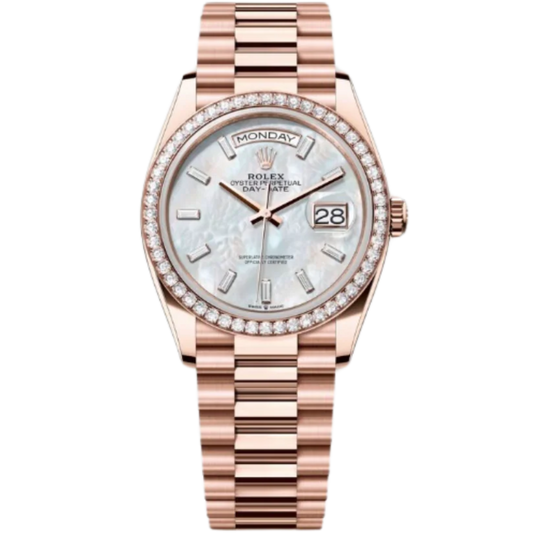 Rolex Day-Date Ref. 128345RBR 36MM Everose Gold Case Mother of Pearl Dial with Baguette Diamonds and Diamond Set Bezel