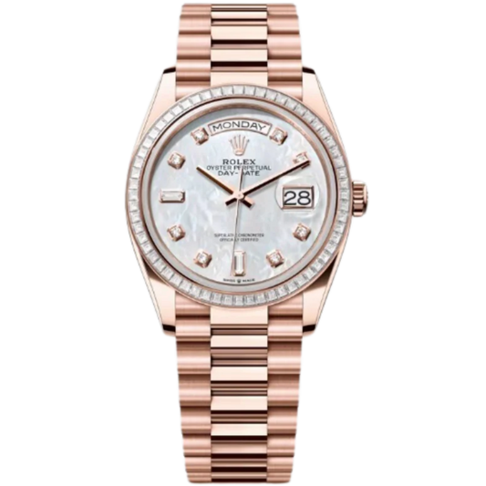Rolex Day-Date Ref. 128395TBR 36MM Everose Gold Case Mother of Pearl Dial with Diamonds and Diamond Set Bezel