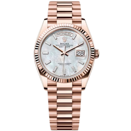 Rolex Day-Date Ref. 128235 36MM Everose Gold Case Mother of Pearl Dial with Baguette Diamonds