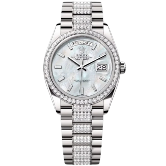 Rolex Day-Date Ref. 128349RBR 36MM White Gold Case Mother of Pearl Dial with Diamonds and Diamond Set Bezel and Links