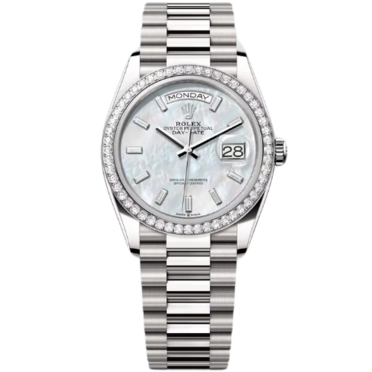 Rolex Day-Date Ref. 128349RBR 36MM White Gold Case Mother of Pearl Dial with Baguette Diamonds and Diamond Set Bezel