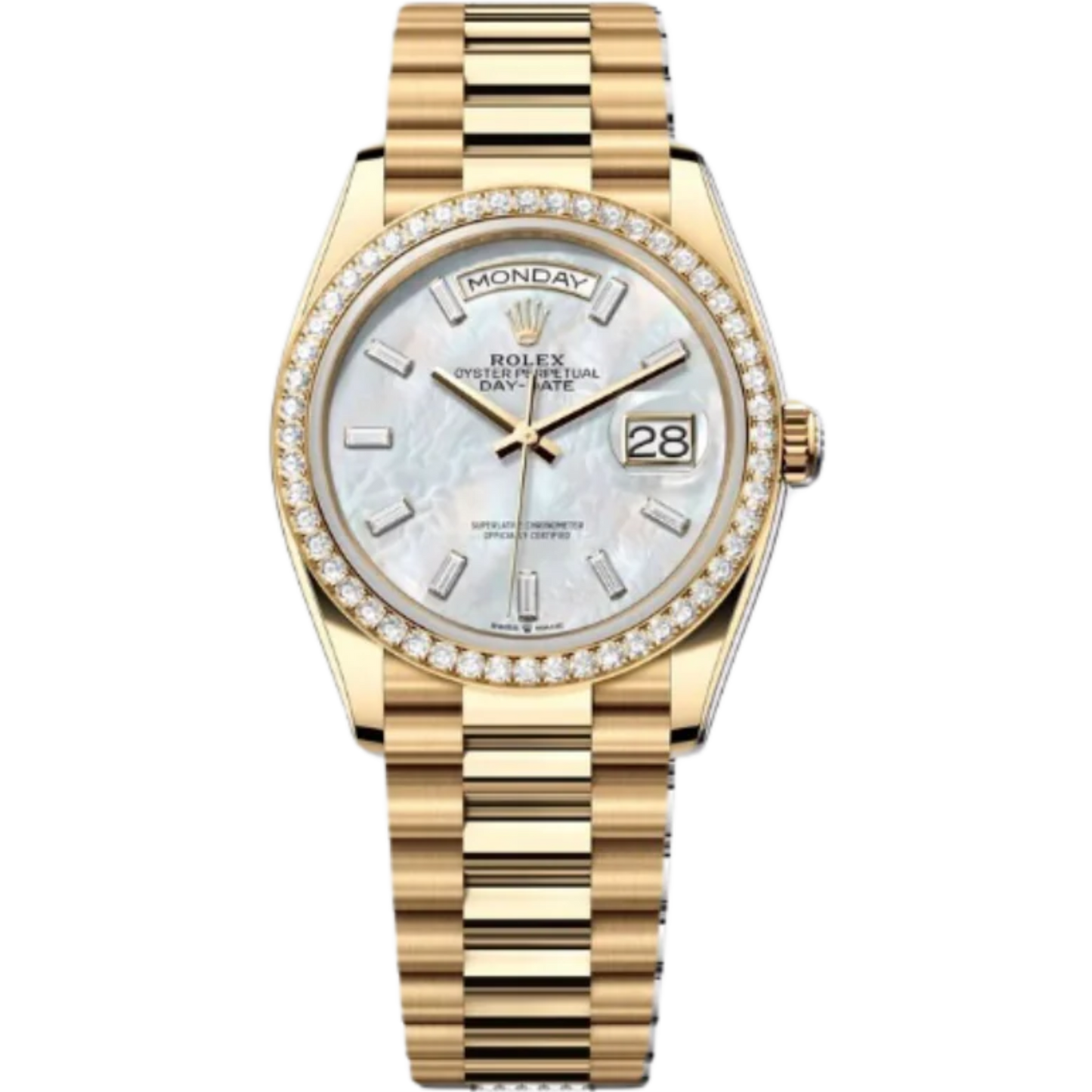 Rolex Day-Date Ref. 128348RBR 36MM Yellow Gold Case Mother of Pearl Dial with Baguette Diamonds and Diamond Set Bezel