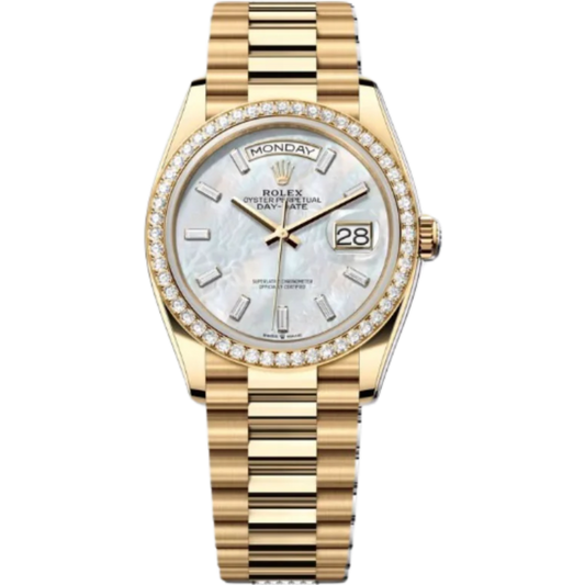 Rolex Day-Date Ref. 128348RBR 36MM Yellow Gold Case Mother of Pearl Dial with Baguette Diamonds and Diamond Set Bezel