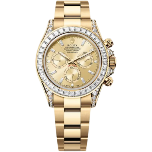 Rolex Daytona Ref. 126598TBR Yellow Gold Case Gold Dial with Baguette Diamonds and Diamond-Set Bezel