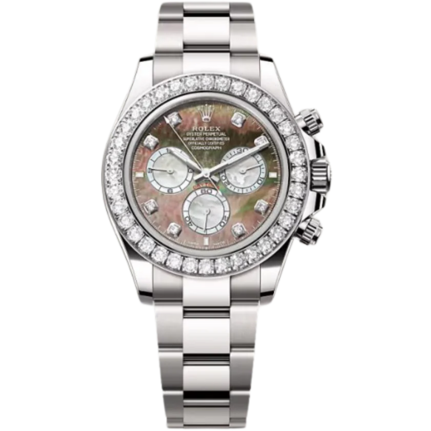 Rolex Daytona Ref. 126579RBR White Gold Case Black Mother of Pearl Dial with Diamonds and Diamond-Set Bezel