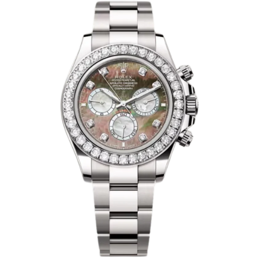 Rolex Daytona Ref. 126579RBR White Gold Case Black Mother of Pearl Dial with Diamonds and Diamond-Set Bezel