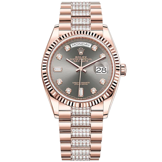 Day-Date 36 36mm Diamond-Set President Bracelet and 18 KT Everose Gold with Slate Dial Diamond-Set Dial Fluted Bezel
