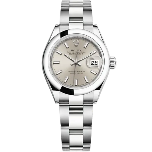 Lady-DateJust 28mm Oyster Bracelet and Oystersteel with Silver Dial Domed Bezel