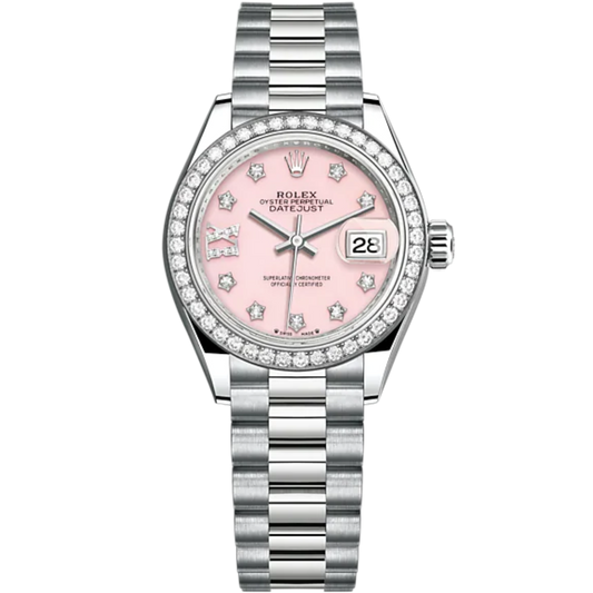 Lady-DateJust 28mm President Bracelet and 18 KT White Gold with Pink Opal Dial Diamond-Set Dial and Diamond-Set Bezel