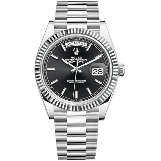 Day-Date 40 40mm President Bracelet and 18 KT White Gold with Bright Black Dial and Fluted Bezel