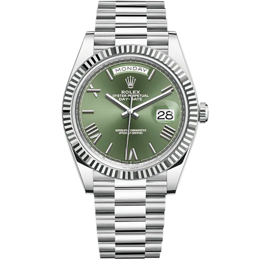 Day-Date 40 40mm President Bracelet and 18 KT White Gold with Olive Green Dial and Fluted Bezel