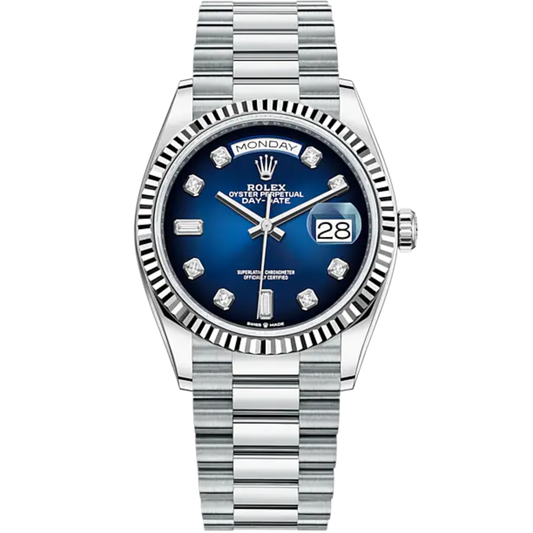 Day-Date 36 36mm President Bracelet and 18 KT White Gold with Blue Ombré Dial Diamond-Set Dial Fluted Bezel