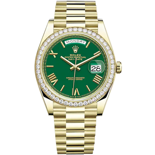 Day-Date 40 40mm President Bracelet and 18 KT Yellow Gold with Green Dial and Diamond-Set Bezel