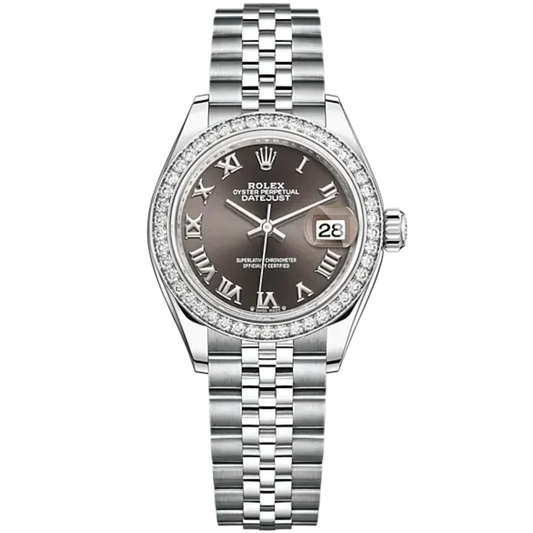 Lady-DateJust 28mm Oystersteel Jubilee Bracelet and White Gold with Dark Grey Dial Diamond-Set Bezel