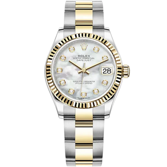 Datejust 31 31mm Oyster Bracelet Oystersteel and Yellow Gold with White Mother-Of-Pearl Diamond-Set Dial Fluted Bezel
