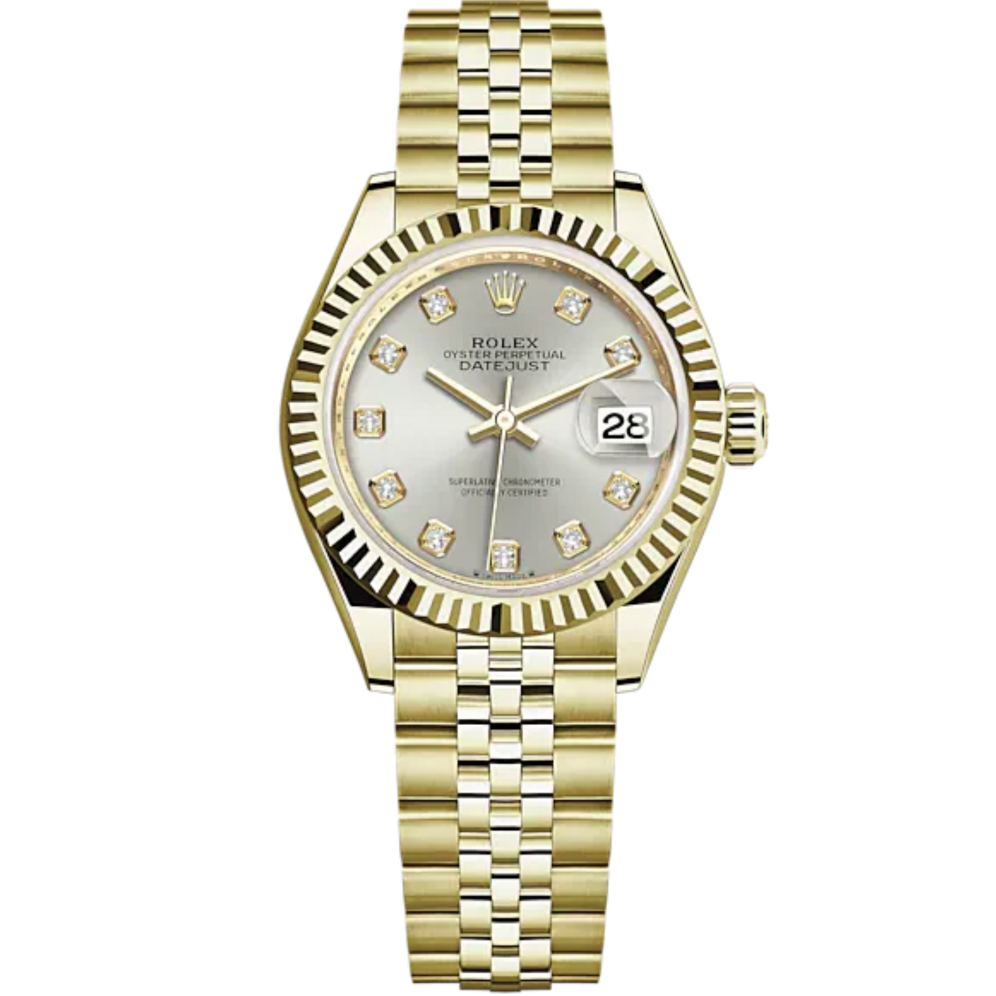 Lady-DateJust 28mm Jubilee Bracelet and 18 KT Yellow Gold with Silver Dial Diamond-Set Dial Fluted Bezel