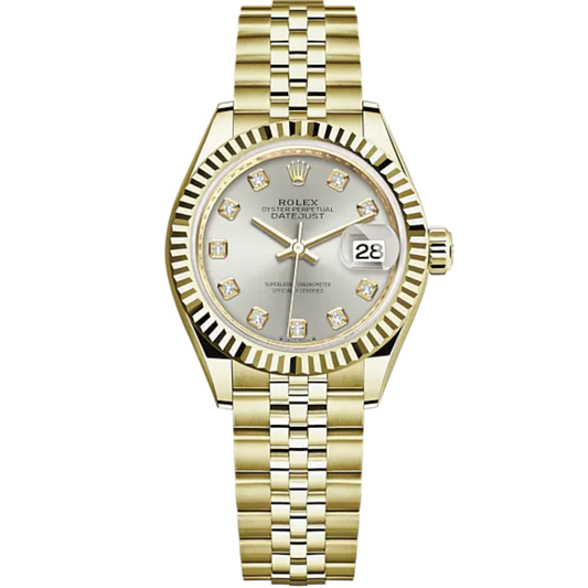Lady-DateJust 28mm Jubilee Bracelet and 18 KT Yellow Gold with Silver Dial Diamond-Set Dial Fluted Bezel