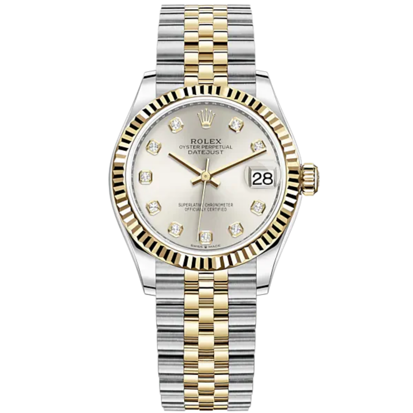 Datejust 31 31mm Jubilee Bracelet Oystersteel and Yellow Gold with Silver Diamond-Set Dial Fluted Bezel