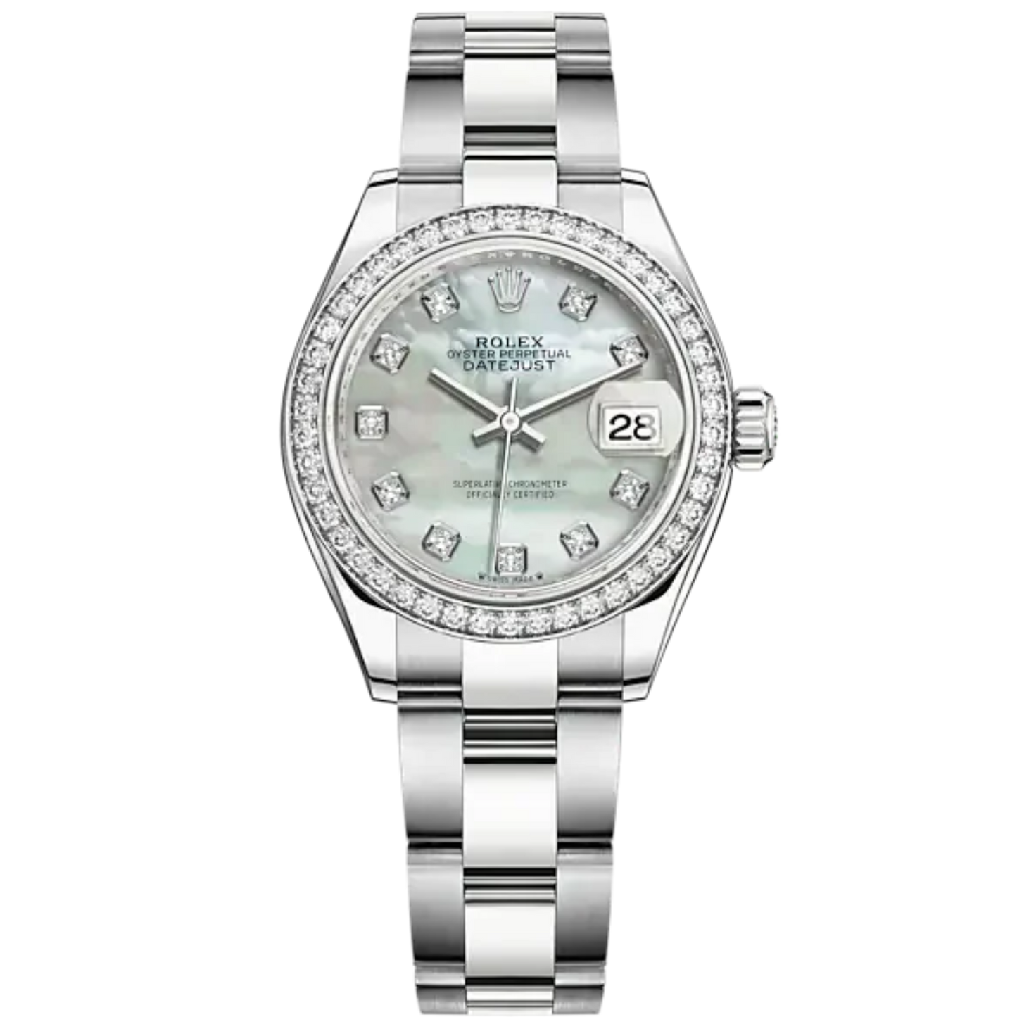 Lady-DateJust 28mm Oyster Oystersteel Bracelet and White Gold with Mother-Of-Pearl Dial Diamond-Set Dial Diamond-Set Bezel