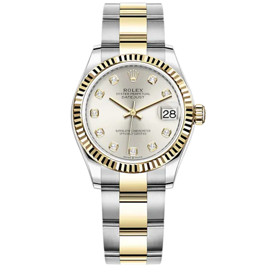 Datejust 31 31mm Oyster Bracelet Oystersteel and Yellow Gold with Silver Diamond-Set Dial Fluted Bezel