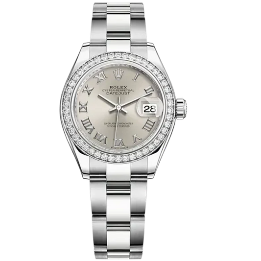 Lady-DateJust 28mm Oyster Oystersteel Bracelet and White Gold with Silver Dial Diamond-Set Bezel