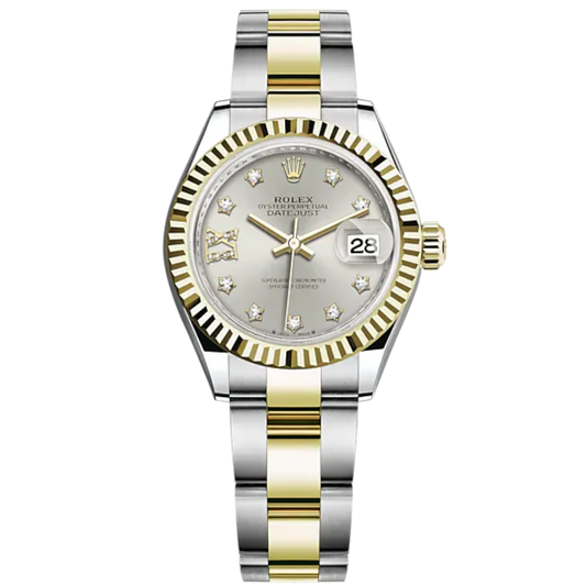 Lady-DateJust 28mm Oyster Oystersteel Bracelet and Yellow Gold with Silver Dial Diamond-Set Dial Fluted Bezel