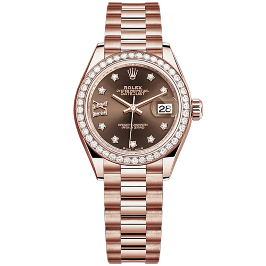 Lady-DateJust 28mm President Bracelet and 18 KT Everose Gold with Chocolate Dial Diamond-Set Dial Diamond-Set Bezel