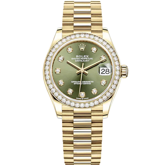Datejust 31 31mm President Bracelet and 18 CT Yellow Gold with Olive-Green Floral-Motif Diamond-Set Dial Diamond-Set Bezel