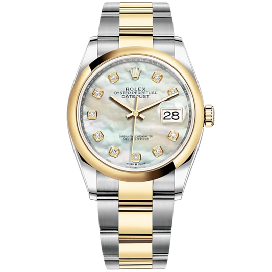 Datejust 36 36mm Oyster Bracelet Oystersteel and Yellow Gold with White Mother-of-Pearl Diamond-Set Dial Domed Bezel