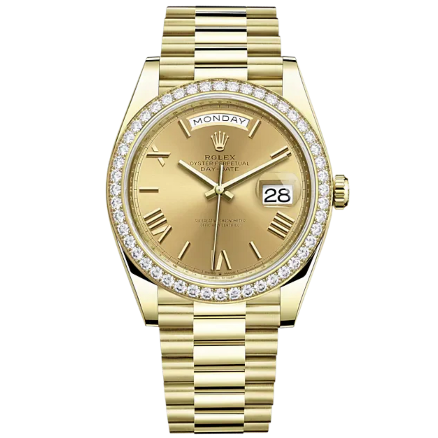 Day-Date 40 40mm President Bracelet and 18 KT Yellow Gold with Champagne-Colour Roman Dial and Diamond-Set Bezel
