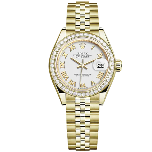 Lady-DateJust 28mm Jubilee Bracelet and 18 KT Yellow Gold with White Dial Diamond-Set Bezel