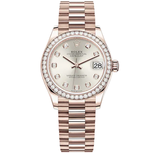 Datejust 31 31mm President Bracelet and 18 CT Everose Gold with Silver Diamond-Set Dial Diamond-Set Bezel