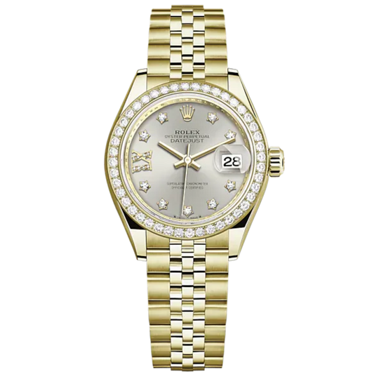 Lady-DateJust 28mm Jubilee Bracelet and 18 KT Yellow Gold with Silver Dial Diamond-Set Dial Diamond-Set Bezel