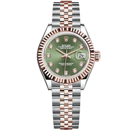 Lady-DateJust 28mm Oystersteel Jubilee Bracelet and Everose Gold with Olive-Green Dial Diamond-Set Dial Fluted Bezel