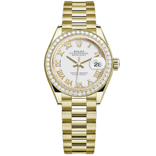 Lady-DateJust 28mm President Bracelet and 18 KT Yellow Gold with White Dial Diamond-Set Bezel