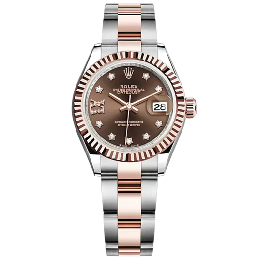 Lady-DateJust 28mm Oyster Oystersteel Bracelet and Everose Gold with Chocolate Dial Diamond-Set Dial Fluted Bezel