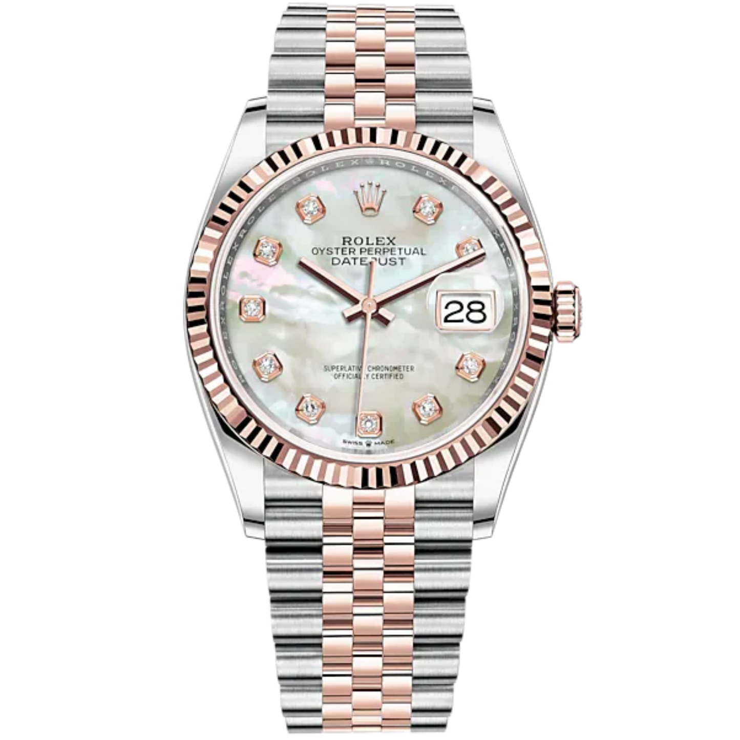 Datejust 36 36mm Oystersteel Jubilee Bracelet and Everose Gold with White Mother-of-Pearl Diamond-Set Dial Fluted Bezel
