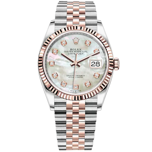 Datejust 36 36mm Oystersteel Jubilee Bracelet and Everose Gold with White Mother-of-Pearl Diamond-Set Dial Fluted Bezel