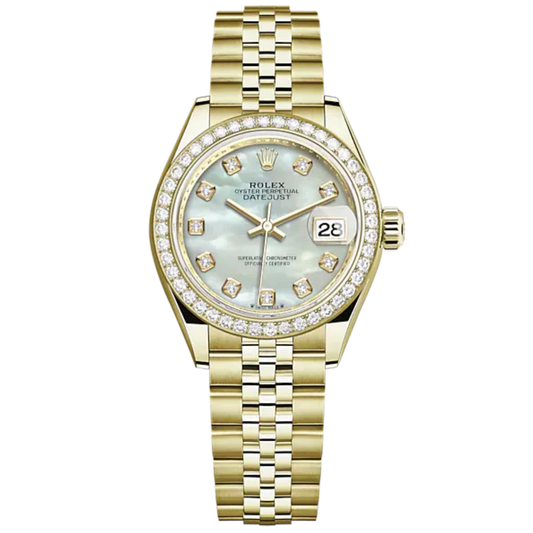 Lady-DateJust 28mm Jubilee Bracelet and 18 KT Yellow Gold with White Mother-of-Pearl Diamond-Set Dial Diamond-Set Bezel
