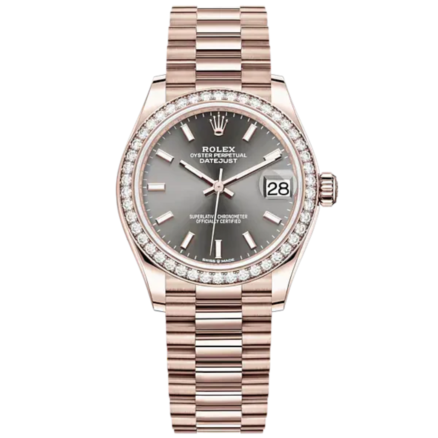 Datejust 31 31mm President Bracelet and 18 CT Everose Gold with Slate Dial Diamond-Set Bezel