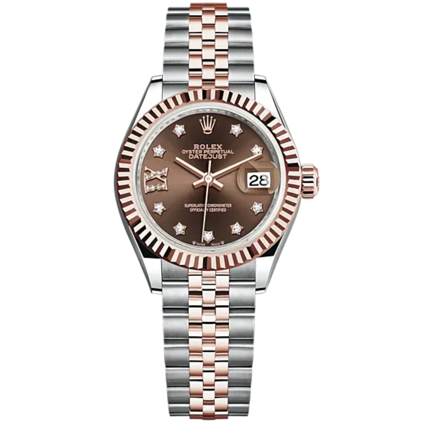 Lady-DateJust 28mm Oystersteel Jubilee Bracelet and Everose Gold with Chocolate Dial Diamond-Set Dial Fluted Bezel